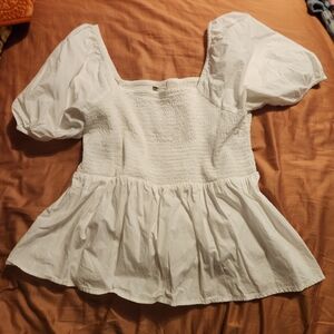 LOFT White Smocked Puff Sleeve Blouse